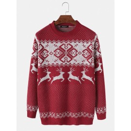 Mens Christmas Style Elk Graphics Round Neck Long Sleeve Warm Knitted Sweaters