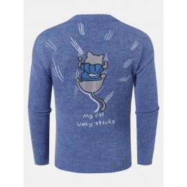 Mens Back Cartoon Cat Letter Embroidery Crew Neck Knit Pullover Sweaters