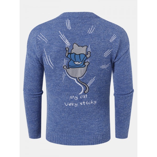 Mens Back Cartoon Cat Letter Embroidery Crew Neck Knit Pullover Sweaters 