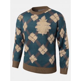 Mens Christmas Argyle Pattern Round Neck Rib-Knit Loose Sweaters