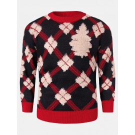 Mens Christmas Argyle Pattern Round Neck Rib-Knit Loose Sweaters