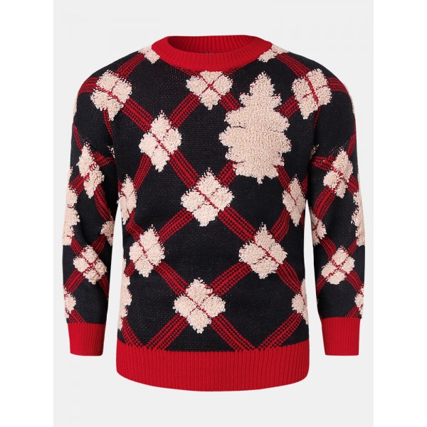 Mens Christmas Argyle Pattern Round Neck Rib-Knit Loose Sweaters 