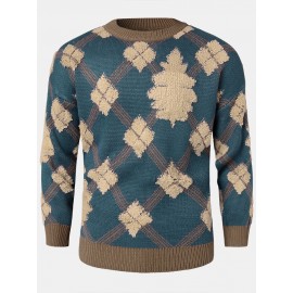 Mens Christmas Argyle Pattern Round Neck Rib-Knit Loose Sweaters