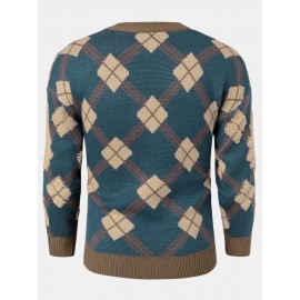 Mens Christmas Argyle Pattern Round Neck Rib-Knit Loose Sweaters