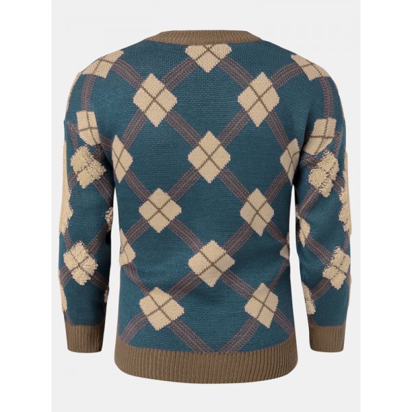 Mens Christmas Argyle Pattern Round Neck Rib-Knit Loose Sweaters 