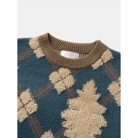 Mens Christmas Argyle Pattern Round Neck Rib-Knit Loose Sweaters