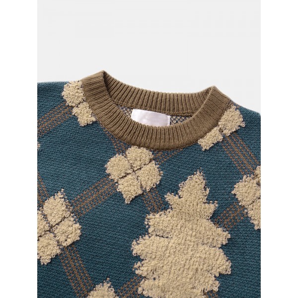 Mens Christmas Argyle Pattern Round Neck Rib-Knit Loose Sweaters 