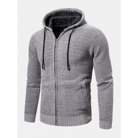 Mens Knitted Zipper Front Solid Color Warm Long Sl..