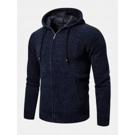 Mens Knitted Zipper Front Solid Color Warm Long Sleeve Hooded Sweater Hoodie Jacket