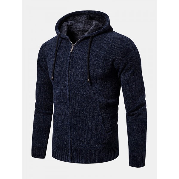 Mens Knitted Zipper Front Solid Color Warm Long Sleeve Hooded Sweater Hoodie Jacket 