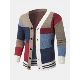 Men Knitted Patchwork Color Block Button V-neck Casual Sweaters