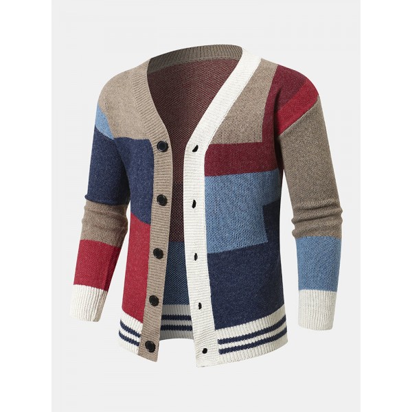 Men Knitted Patchwork Color Block Button V-neck Casual Sweaters 