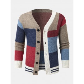 Men Knitted Patchwork Color Block Button V-neck Casual Sweaters