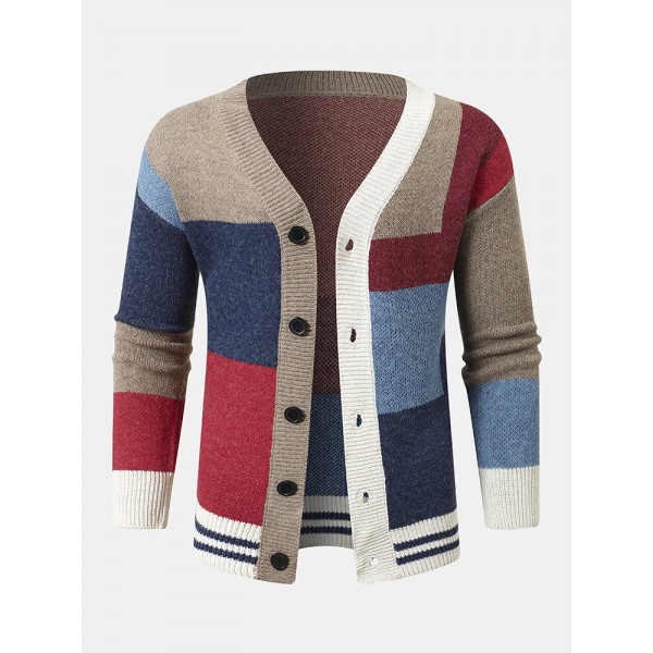 Men Knitted Patchwork Color Block Button V-neck Casual Sweaters 