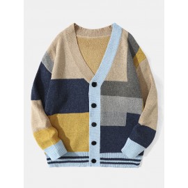 Men Knitted Patchwork Color Block Button V-neck Casual Sweaters