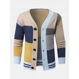 Men Knitted Patchwork Color Block Button V-neck Casual Sweaters