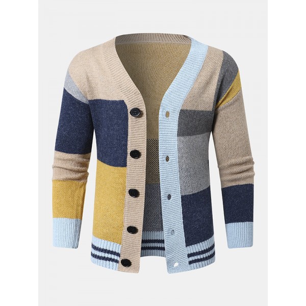 Men Knitted Patchwork Color Block Button V-neck Casual Sweaters 