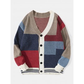 Men Knitted Patchwork Color Block Button V-neck Casual Sweaters