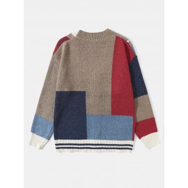 Men Knitted Patchwork Color Block Button V-neck Casual Sweaters