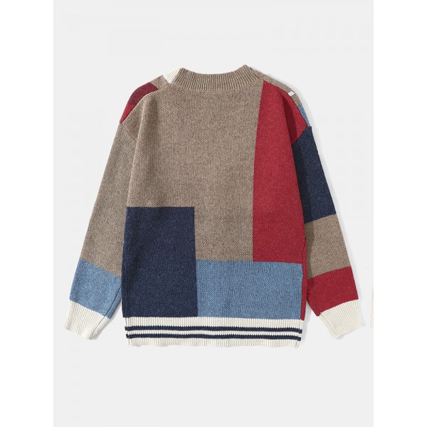 Men Knitted Patchwork Color Block Button V-neck Casual Sweaters 