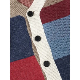 Men Knitted Patchwork Color Block Button V-neck Casual Sweaters