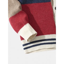 Men Knitted Patchwork Color Block Button V-neck Casual Sweaters