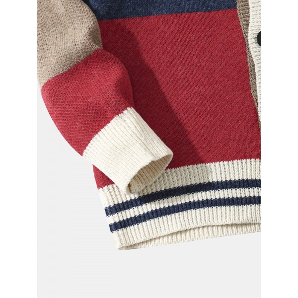 Men Knitted Patchwork Color Block Button V-neck Casual Sweaters 