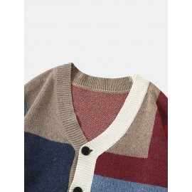 Men Knitted Patchwork Color Block Button V-neck Casual Sweaters