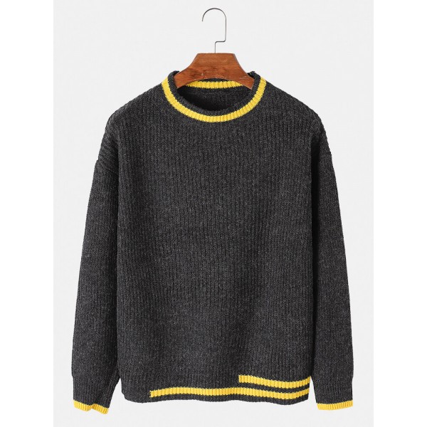 Mens Thick Contrast Color Crew Neck Knitted Warm Regular Fit Sweater 