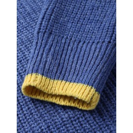 Mens Thick Contrast Color Crew Neck Knitted Warm Regular Fit Sweater