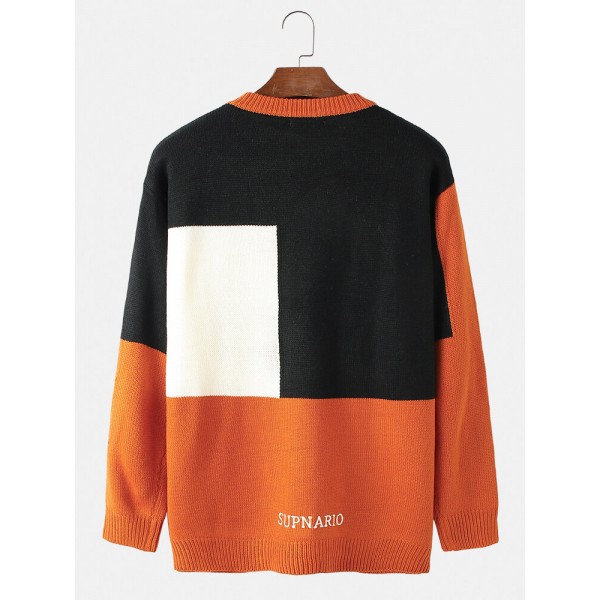 Mens Contrast Color Abstract Figure Print Crew Neck Casual Pullover Sweater 