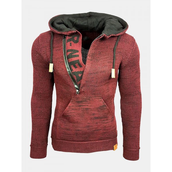 Mens Letter V-Neck Zip Knit Pullover Casual Drawstring Hooded Sweaters 