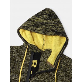 Mens Letter V-Neck Zip Knit Pullover Casual Drawstring Hooded Sweaters