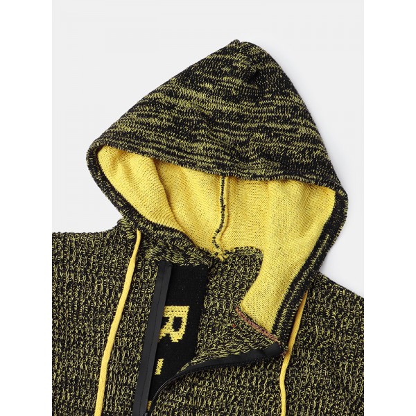 Mens Letter V-Neck Zip Knit Pullover Casual Drawstring Hooded Sweaters 