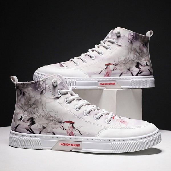 Men Ink Painting Ice Silk Canvas Comfy High Top Breathable Casual Sneakers 