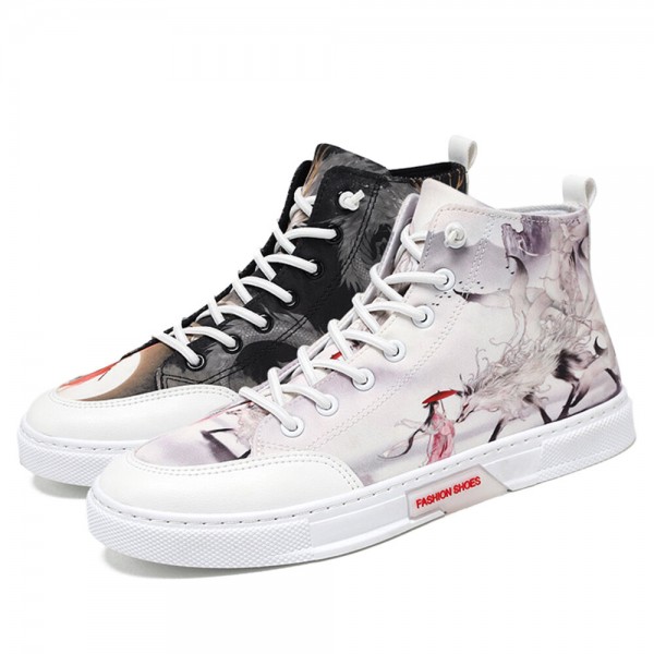 Men Ink Painting Ice Silk Canvas Comfy High Top Breathable Casual Sneakers 