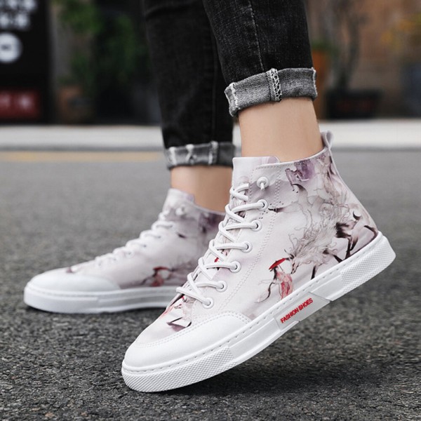 Men Ink Painting Ice Silk Canvas Comfy High Top Breathable Casual Sneakers 