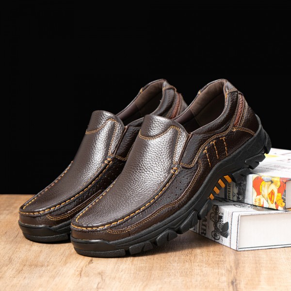 Men Cowhide Leather Breathable Soft Sole Non Slip Solid Casual Business Shoes 