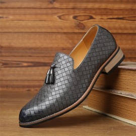 Men Leather Breathable Vintage Weave Tassel Pointed Toe Slip On Comfy Casual Business Shoes