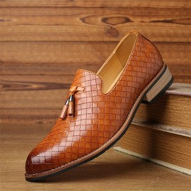 Men Leather Breathable Vintage Weave Tassel Pointed Toe Slip On Comfy Casual Business Shoes