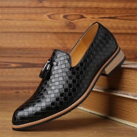 Men Leather Breathable Vintage Weave Tassel Pointed Toe Slip On Comfy Casual Business Shoes