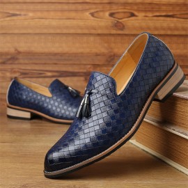 Men Leather Breathable Vintage Weave Tassel Pointed Toe Slip On Comfy Casual Business Shoes