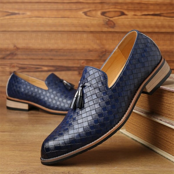 Men Leather Breathable Vintage Weave Tassel Pointed Toe Slip On Comfy Casual Business Shoes 