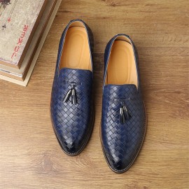 Men Leather Breathable Vintage Weave Tassel Pointed Toe Slip On Comfy Casual Business Shoes