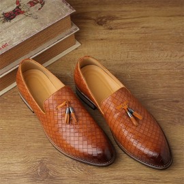 Men Leather Breathable Vintage Weave Tassel Pointed Toe Slip On Comfy Casual Business Shoes