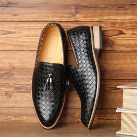 Men Leather Breathable Vintage Weave Tassel Pointed Toe Slip On Comfy Casual Business Shoes