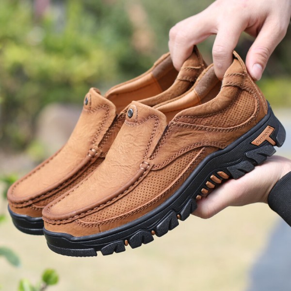 Men Cowhide Breathable Thick Bottom Wear-resistant Non-slip Casual Outdoor Flats 