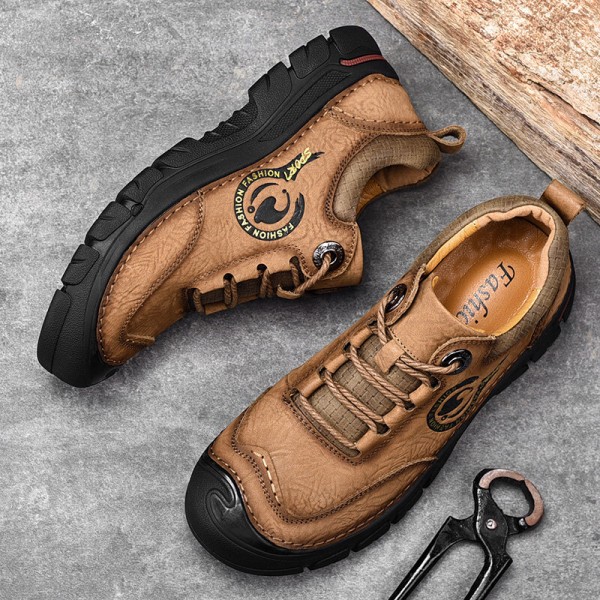 Men Genuine Leather Soft Sole Toe-Protected Lace-up Casual Hiking Shoes 