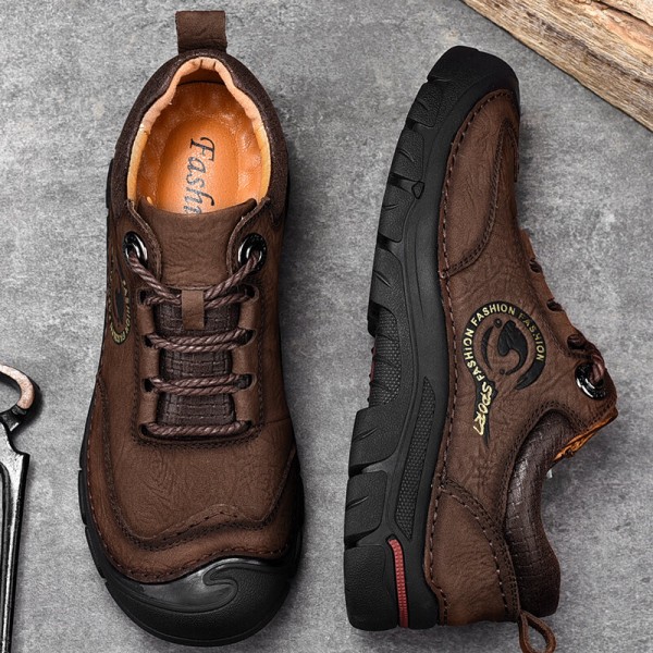 Men Genuine Leather Soft Sole Toe-Protected Lace-up Casual Hiking Shoes 